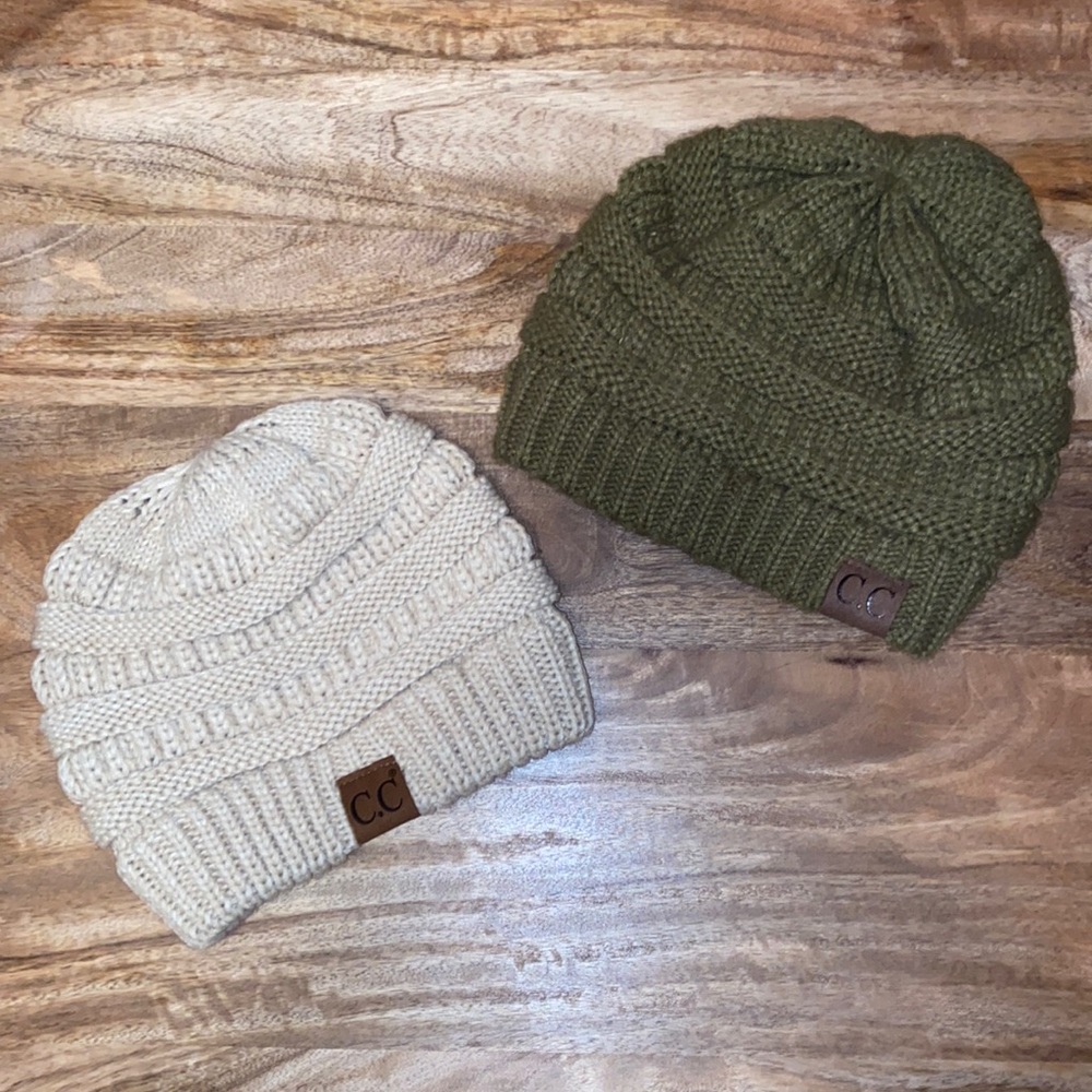 Cream and olive green beanies